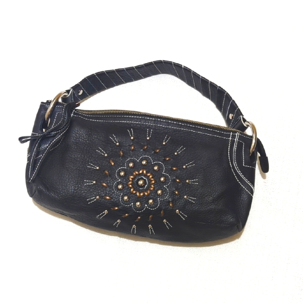 Franco Sarto | Black Leather Purse  Embroidered Sundial | Moto Boho | Western |